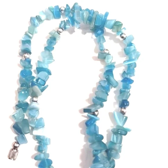 VINTAGE NATURAL BLUE APATITE CHIPS PENDANT BARREL CLASP 17" NECKLACE - Picture 3 of 9